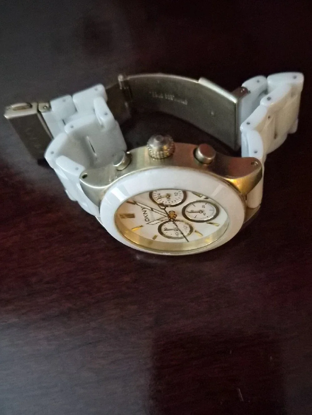 DKNY White Ceramic Chronograph Watch with Gold Accents